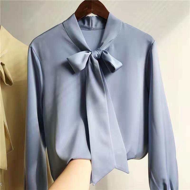 Spring and Autumn Bow Satin Shirt for Women Professional Shirt Long Sleeve Loose Top