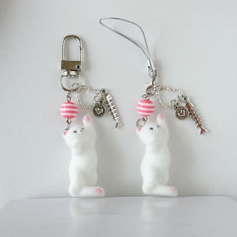 Lovely Cats Flock Design Soft Resin Keychain Phone Charm for Keys Stylish Sturdy Accessory