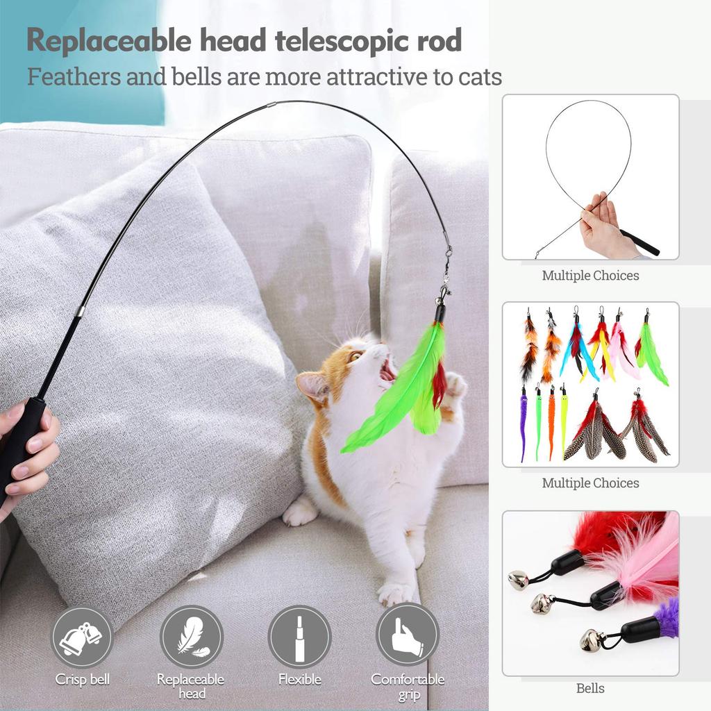 WD&CD Cat Teaser, Cat Toy, Set of 12 Replacement Feathers and 2 Rods, Natural Feather Toy with Bell, Dangle Cat Toy, Pet Supplies, 14-Piece Set