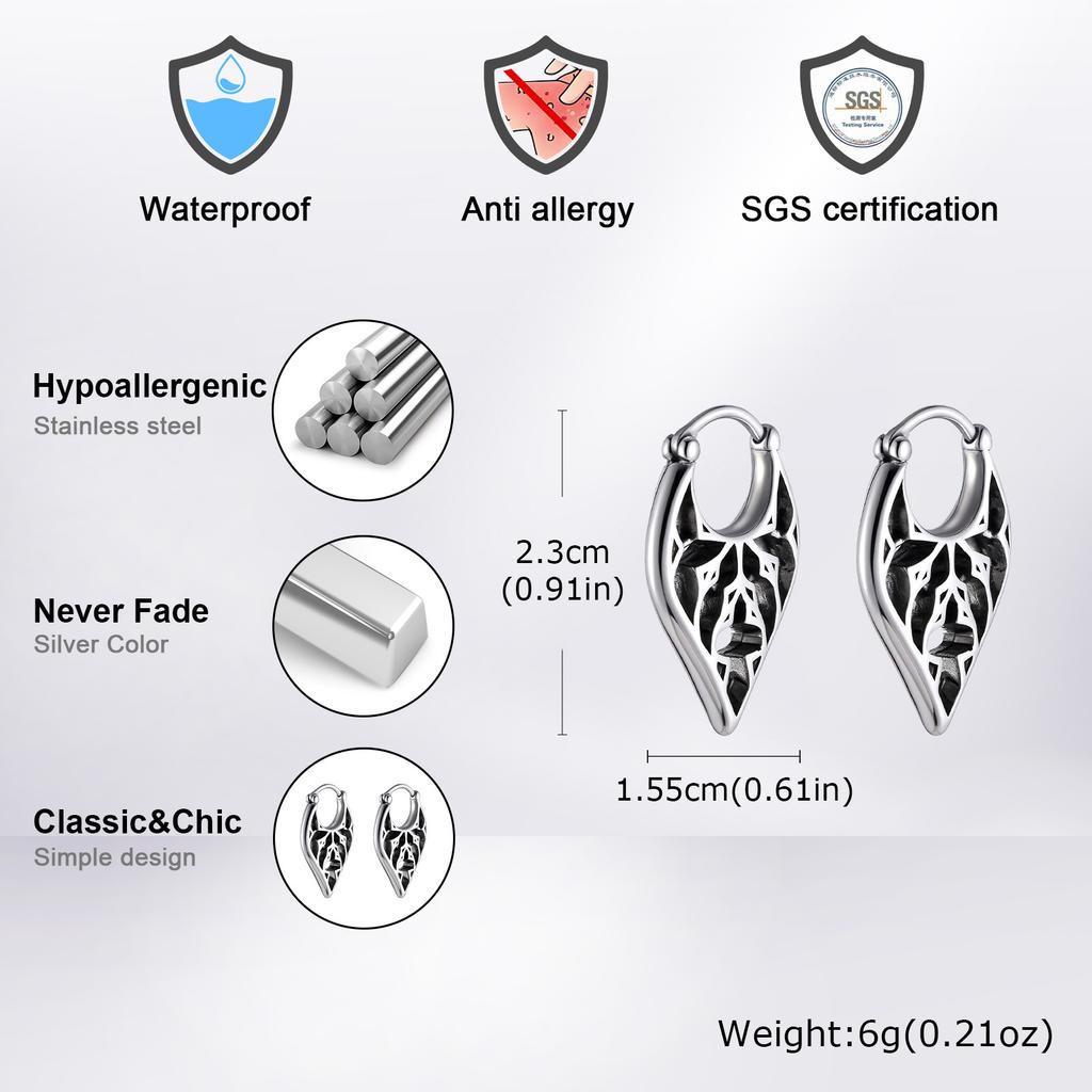 Punk Men's Carved Hoop Earring,Anti Allergy Stainless Steel Huggies Hoop Earrings,Vintage Male Earring Jewelry Gift