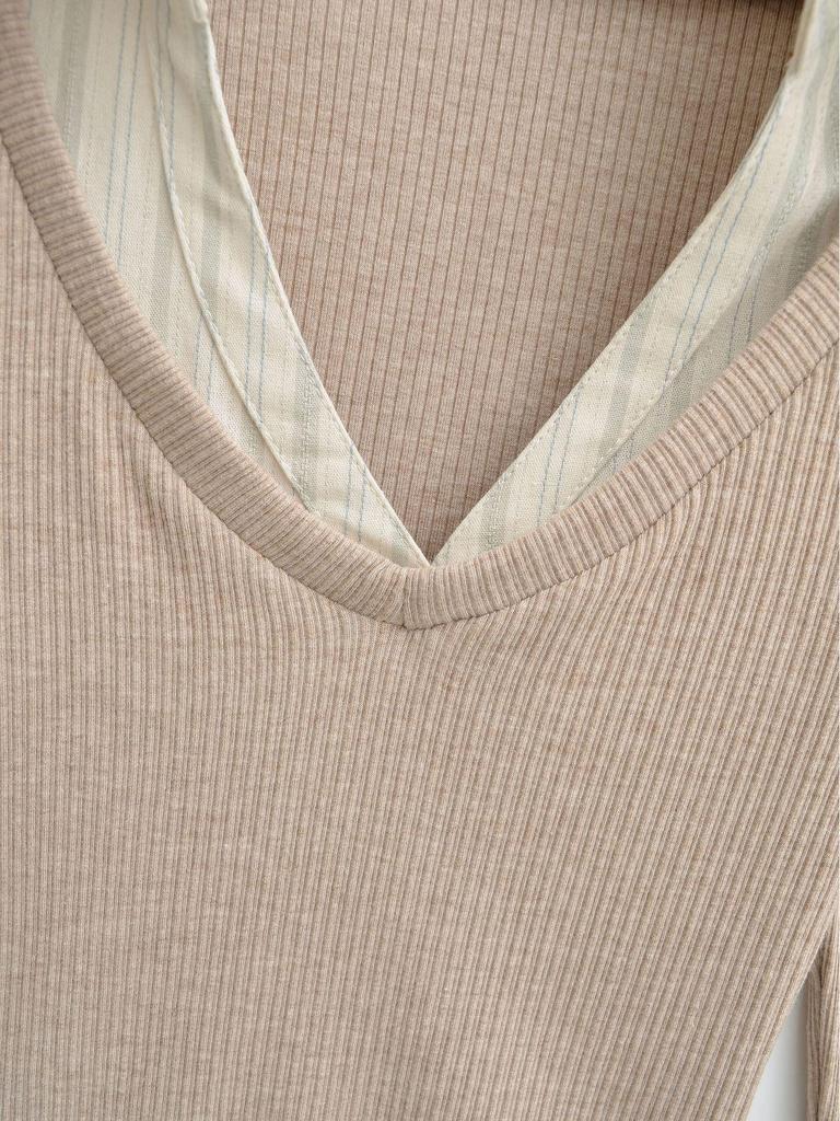 Women's Autumn Striped Patchwork Two-Piece Look Long Sleeve Slim Fit Top