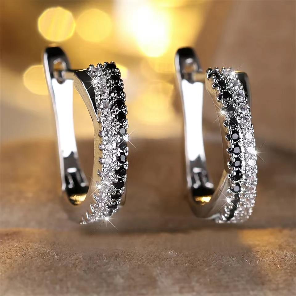 Hot Selling Trendy Crystal Earrings For Women Black And White Stone Fashion Silver Gold Color Hoop Earrings Wedding Jewelry