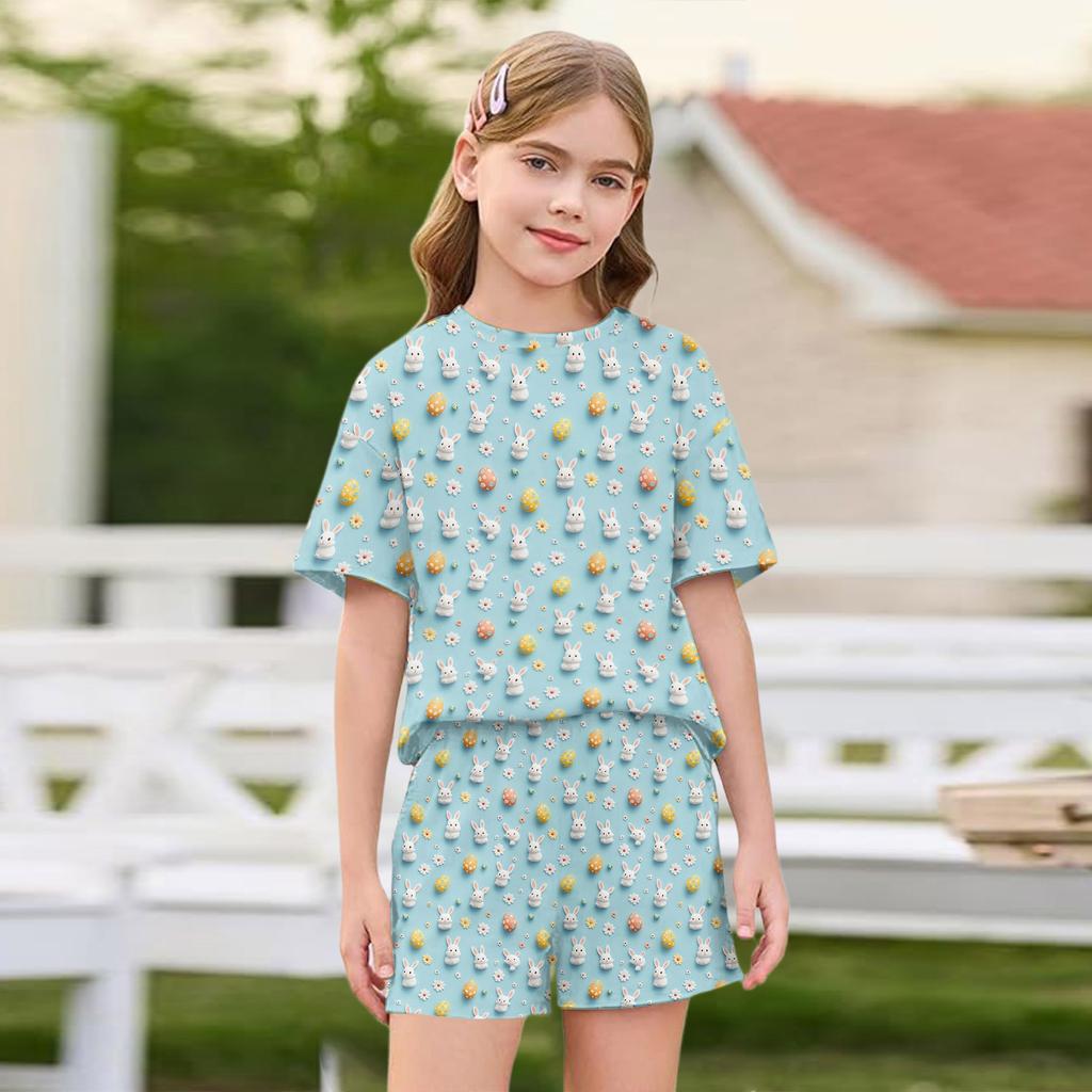 Patriotisches Kinderoutfit - Kurzarm & Shorts 2-teiliges Set für Mädchen Ostertag