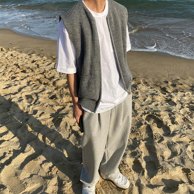 Męski jesienny dzianinowy kamizelka w stylu japońskim: Sweter college'owy rozpinany na zamek