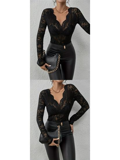 European & American Autumn/Winter Floral Lace Fan Top