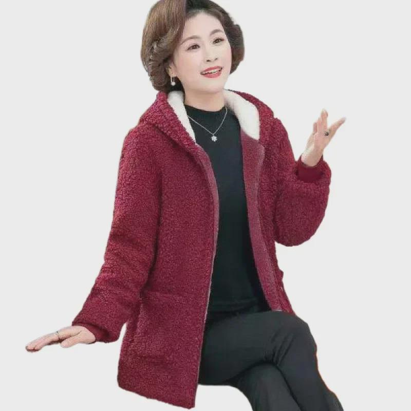 2024 Stilvoller Wintermantel mit Kapuze für Frauen mittleren Alters - Plus Samt, dickes Fleece, Baumwolljacke in großer Größe für Herbst und Winter
