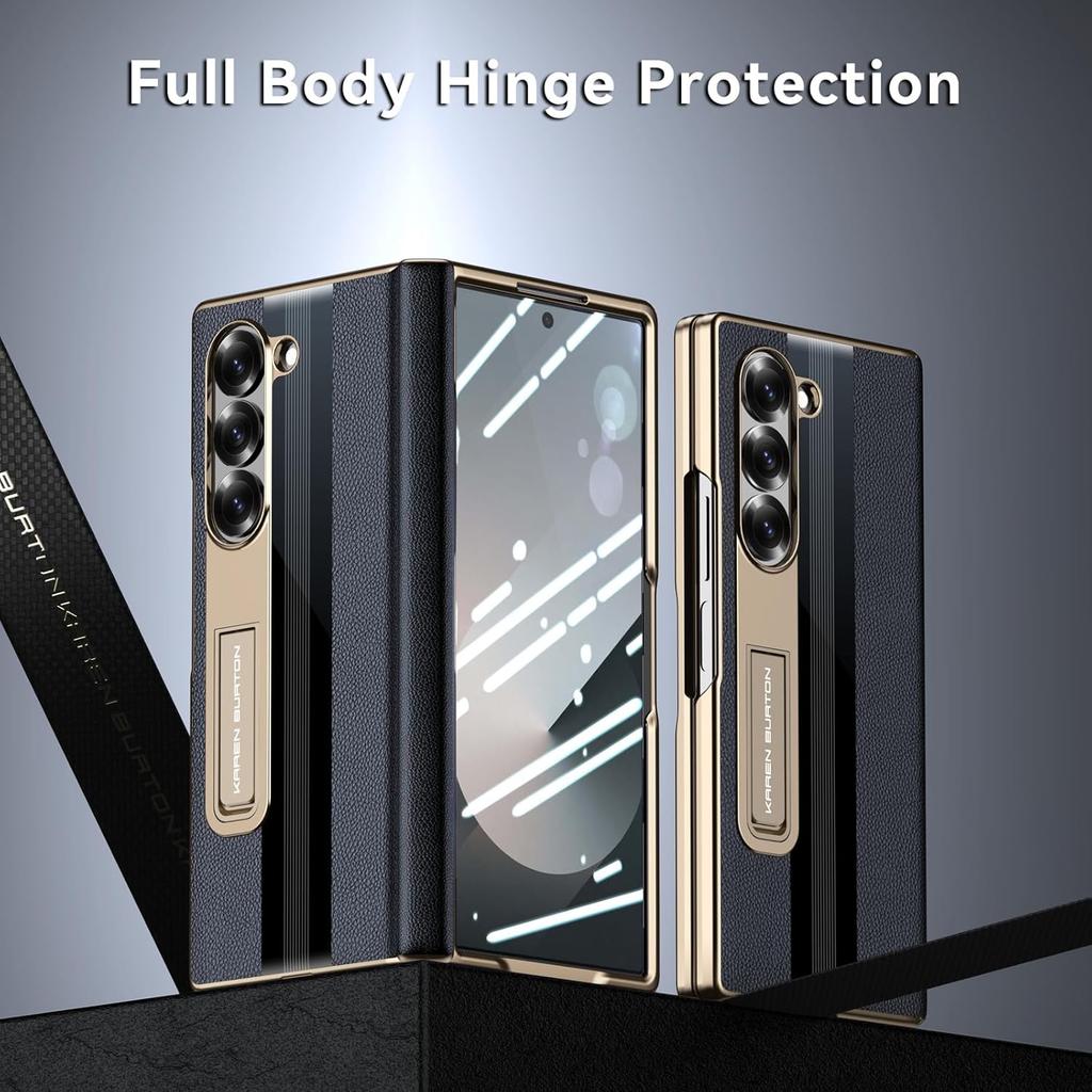 for Samsung Galaxy Z Fold 6 Phone Case [Luxury Premier Genuine Leather] [Full Body Hinge Protection] [Built-in Screen Protector] [Kickstand Slim
