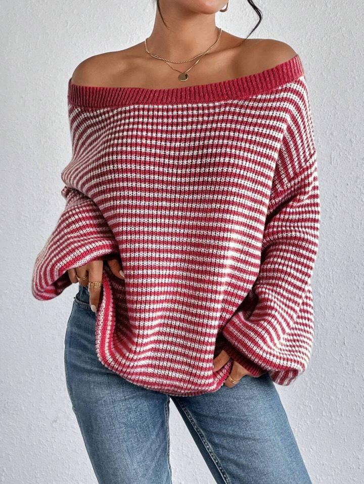 Color Block One-shoulder Striped Lantern Sleeve Sweater - Women's Versatile Loose Knitted Top, European & American Style.