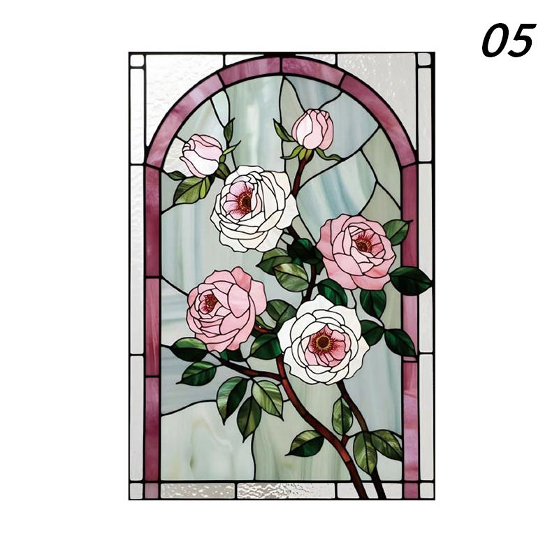 Retro Rose Glass Film Static Cling Self-adhesive Stained Glass Stickers Flower Art Painting Privacy Protection Window Film