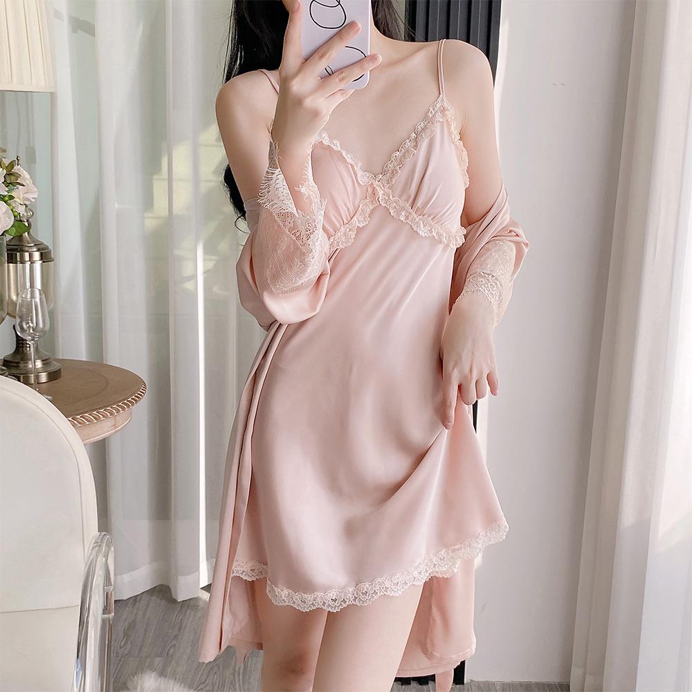 Elegant Lace Ice Silk Two-Piece Camisole Nightgown & Robe Set for Women - Spring/Summer