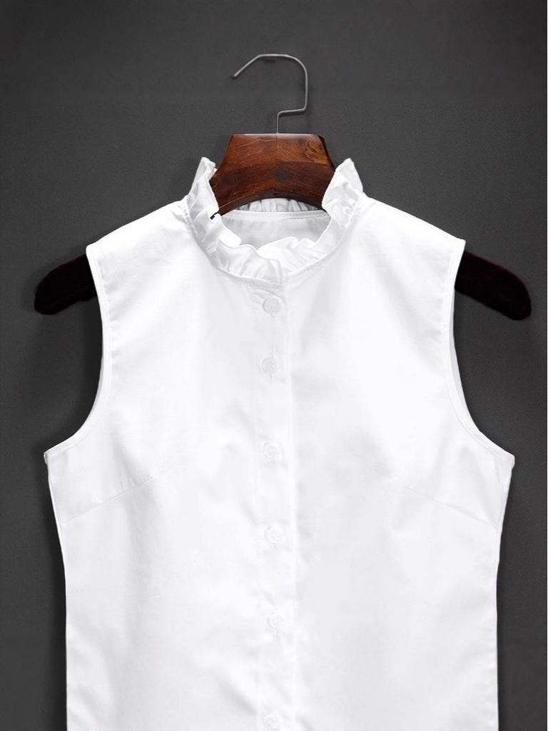 Women's Korean Style Sleeveless Stand Collar Cotton Shirt - Versatile Base Layer for Autumn/Winter, Ideal with Suits & Sweaters.