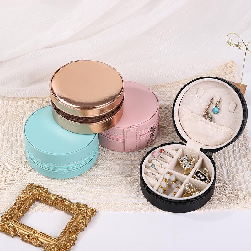 Round PU Jewelry Box: Portable Multi-functional Storage for Necklaces, Earrings, and Rings