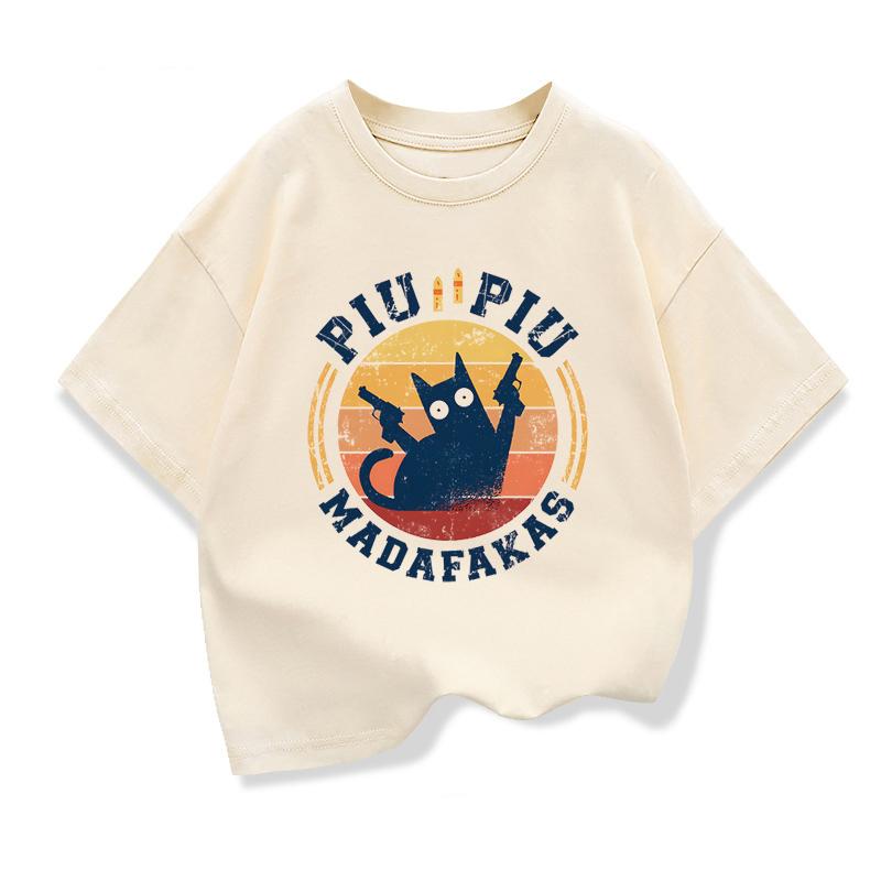 Children s short-sleeved T-shirt with cartoon cat design, round neck, loose fit. 100