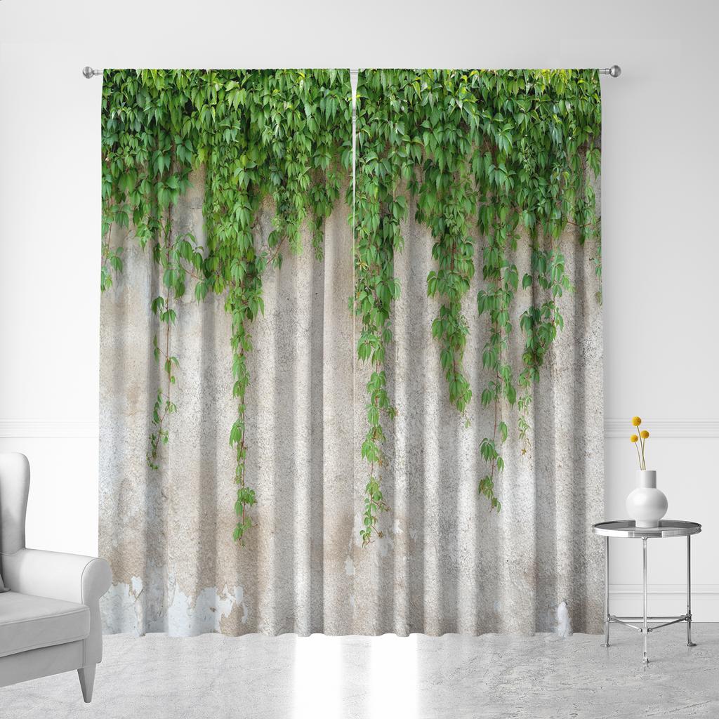2Pc Home Decoration Curtains, Green Leaf Plant Background Wall, Modern Printed Curtain With Pole Bag, Kitchen, Coffee Shop