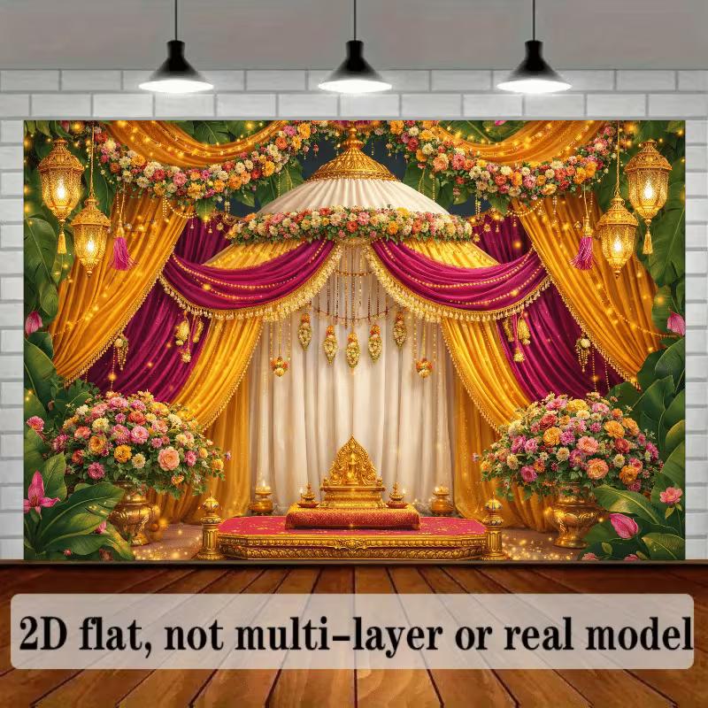 2D Elegant Indian Mandap Backdrop, Pink & Gold Drape Wedding Ceremony Banner