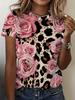 Women's T-shirt Art Leopard Pink Rose Contrast Print Round Neck Short Sleeve Fashionable and Versatile
