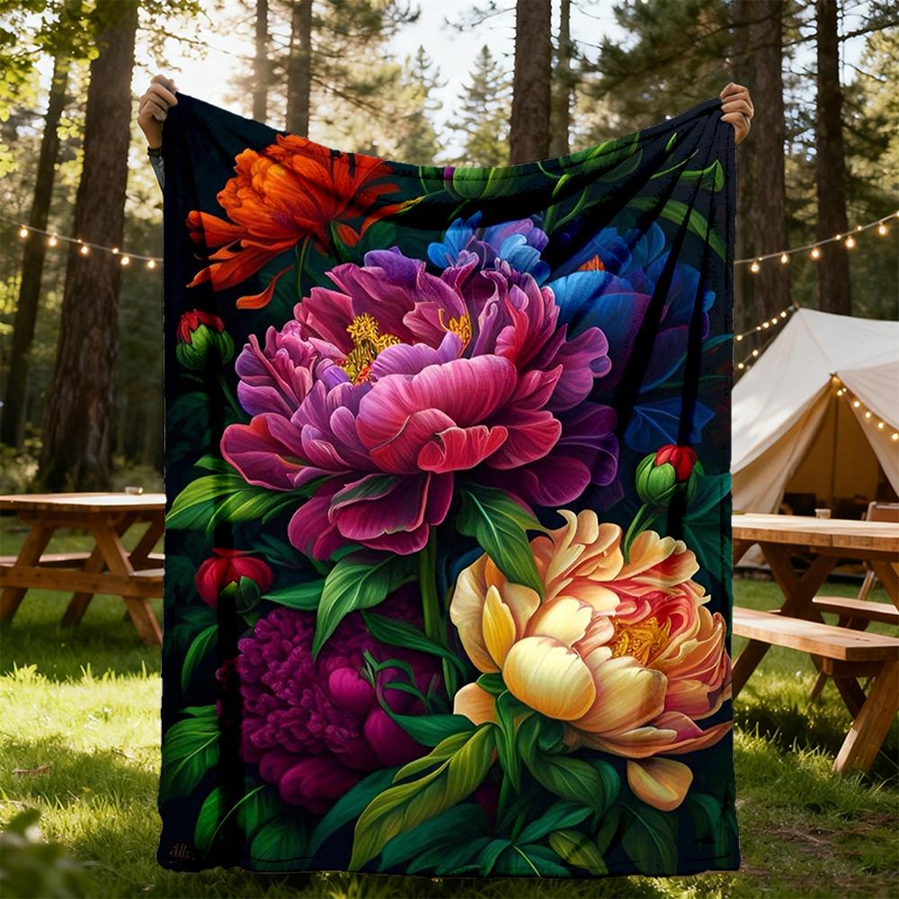 1pc Peonies, Floral Flannel Blanket, Comfortable and Warm Blanket, for Camping Sofa Bed and Couch Office048