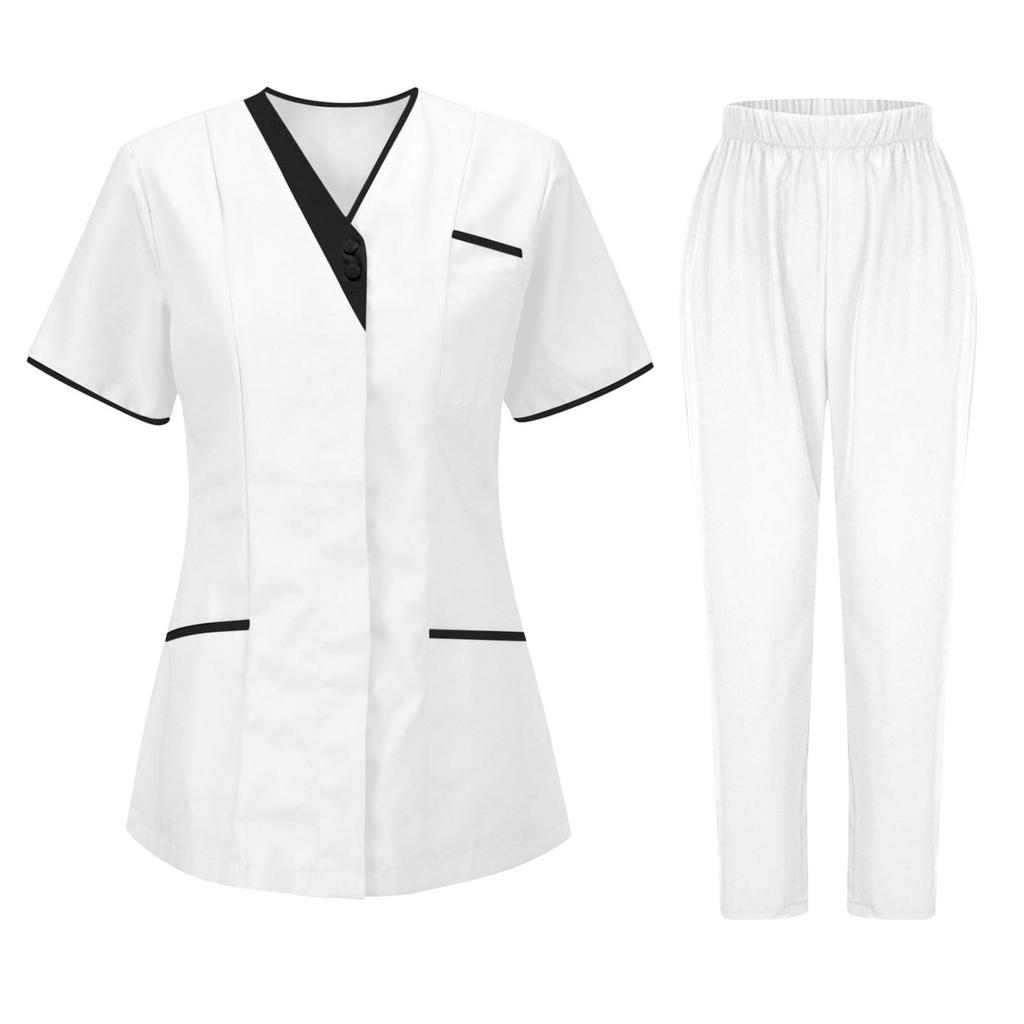 Women's Uniforms Quick Dry Fabrics V-Neck With Pockets Short Sleeves Long Pants Solid Color Workwear Suit