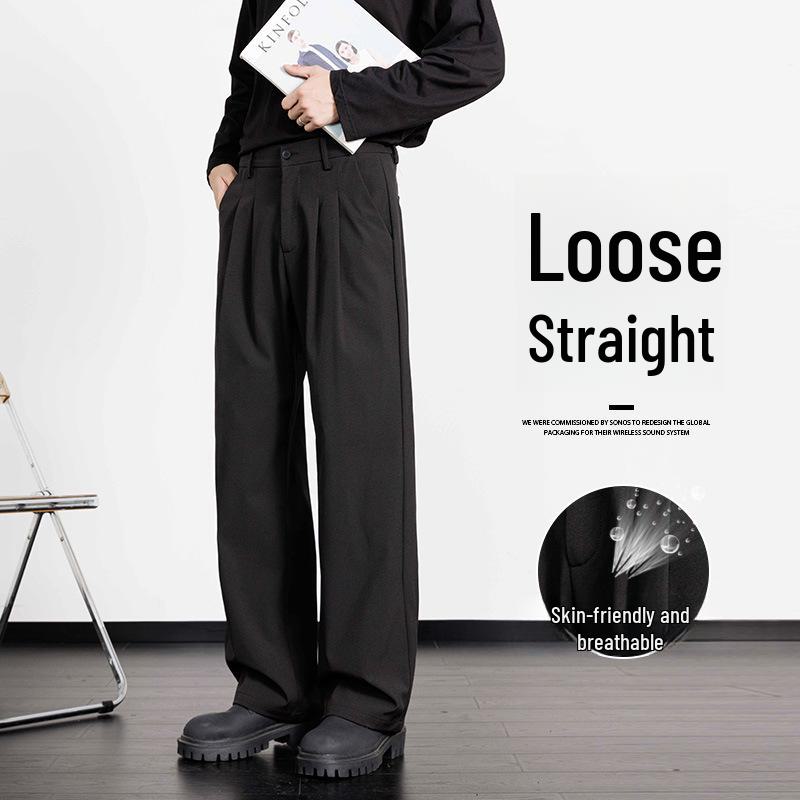 Pánské luxusní korejské trendy kalhoty k obleku se širokými nohavicemi - nemačkavé, volné, rovného střihu a ležérního střihu