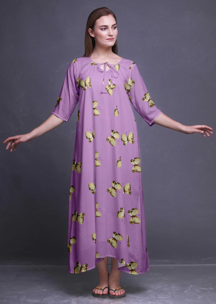 Bimba Lavender Butterflies Printed Nightgowns Maxi Sleepwear for Women Long Sleep Dress