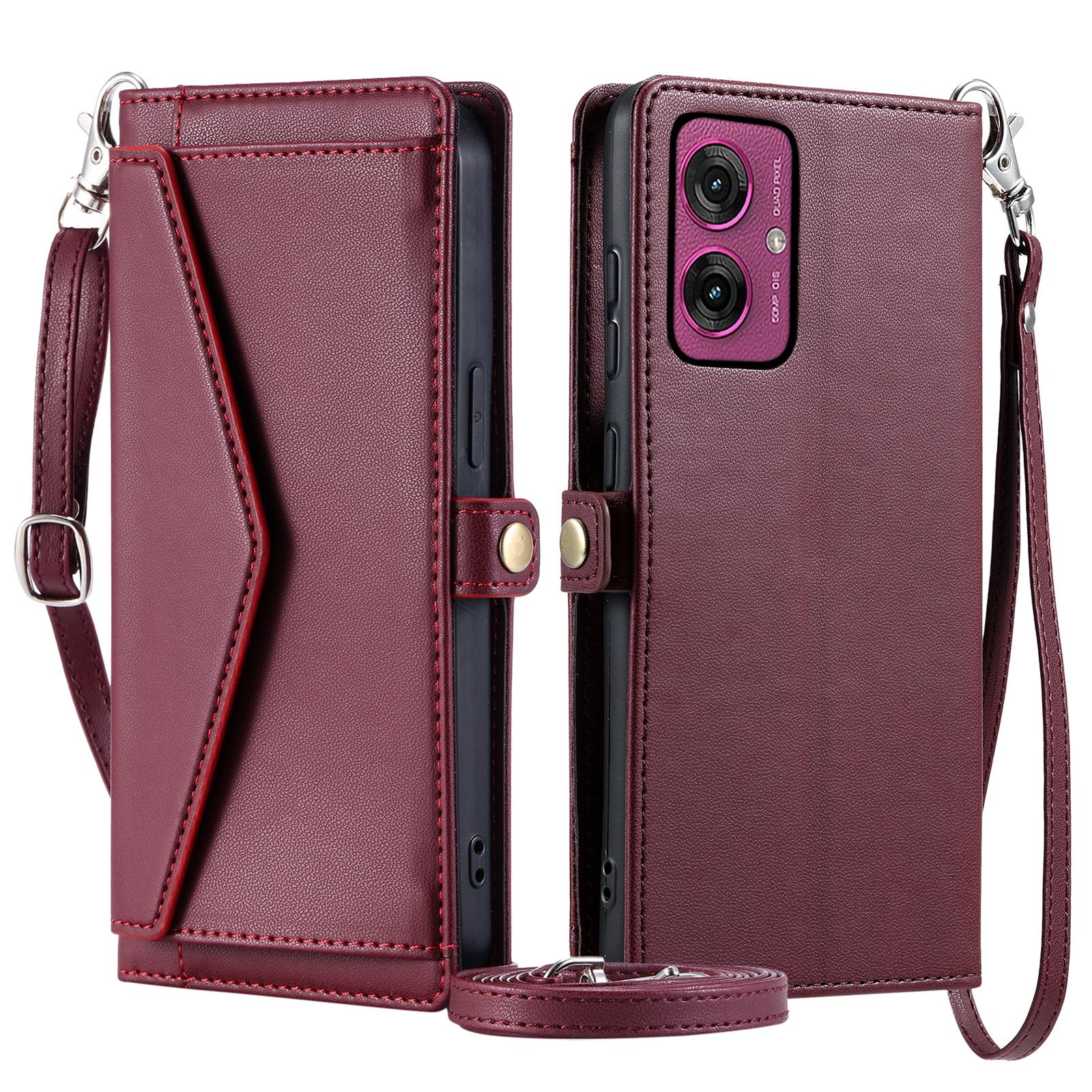 

For Motorola Moto G55 5G Leather Case Wallet Stand Phone Cover with Straps Wine Red
