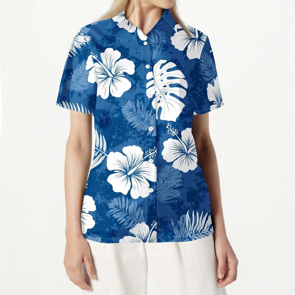 Damen Casual Hawaiian Print Kurzarm Hemd mit Knöpfen Lockerer Schnitt Offener Kragen Bluse Leichtes Sommer Top
