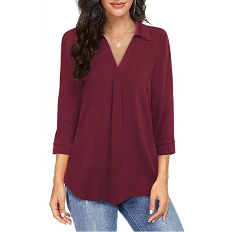 GMXIA Bluse e camicie da donna, moda casual, stampa tinta unita, maniche a 3/4, scollo a V