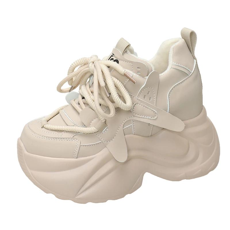 Fashion Autumn Winter Warm Chunky Sneakers Women Lace Up Platform Sports Shoes Woman Thick Bottom High Heels Female 10CM Wedges Sneakers