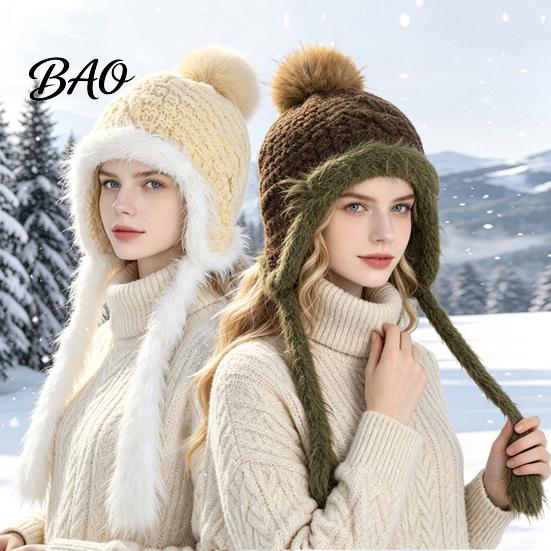 Ear Warmer Hat for Cycling Women Knitted Earflap Hat, Fuzzy Trim Pompom Soft Warm Outdoor Winter Knit Cycling, Cold Weather Daily Wear