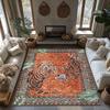Orange Red Tiger Pattern Bohemian Rug, Ethnic Border Non-Slip Carpet, Plush Living Room Mat for Jungle Theme Decor