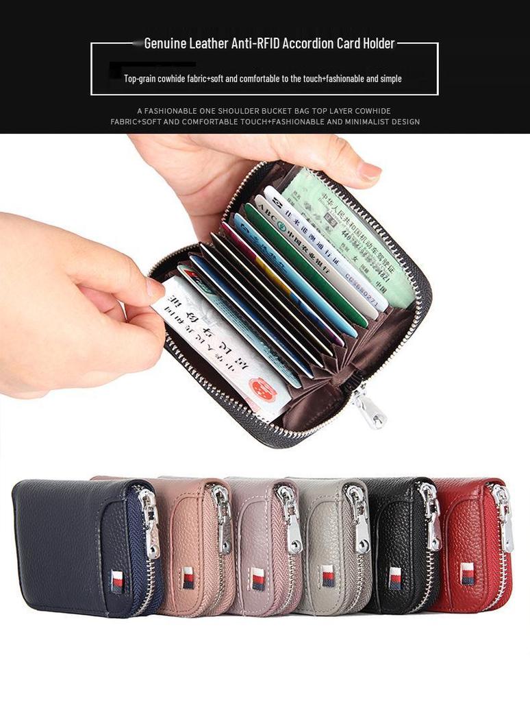 Top Grain Cowhide Anti-RFID Accordion Leather Card Holder with Multi-Card Slots