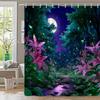 1pc Enchanted Anime Forest Shower Curtain - Moonlit Pink Lilies, Glowing Fireflies & Starry Night Sky Design - Durable Polyester