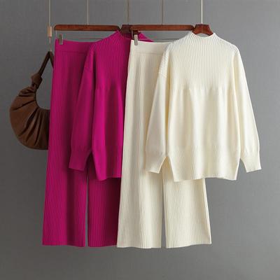 Fall Winter Lazy Wind Loose High Collar Pulllover Sweater Suit Women's Solid Color Short Sleeve Knit Wide Leg Pants Two Piece Set