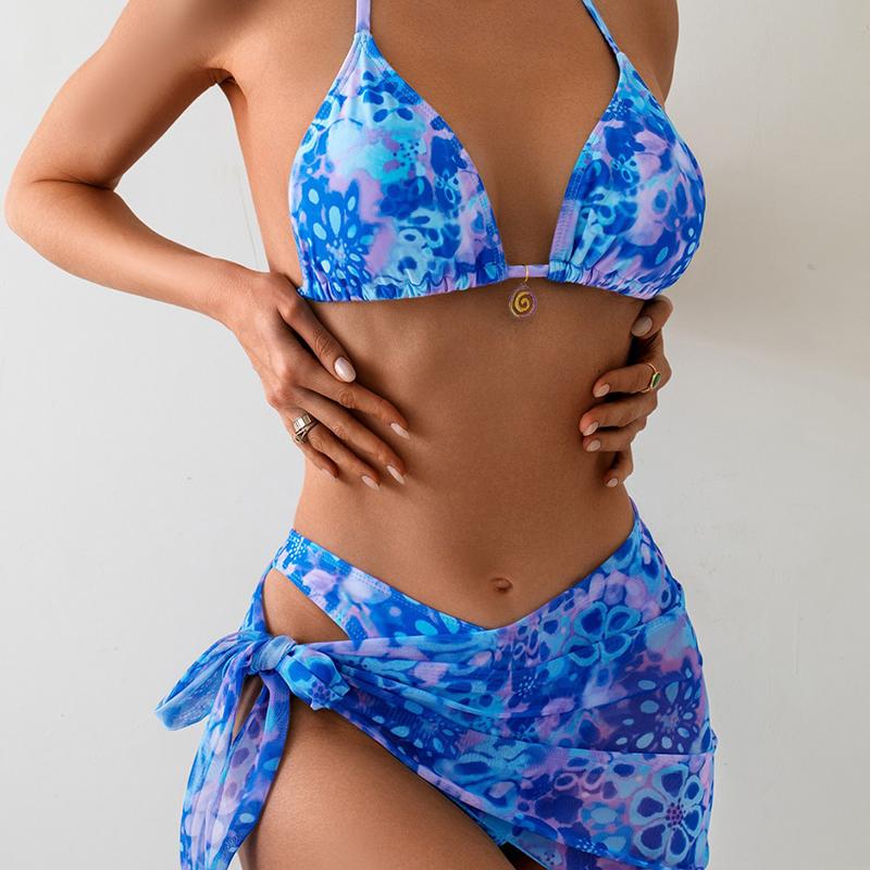 Women Halter String Bikinis With Beach Skirt Printed Swimwear Female Prints Swimsuit Bather Bathing Swimming Suit