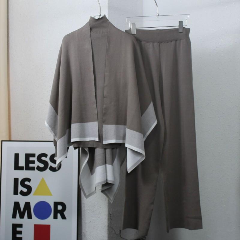 

Shawl Knitted Sweater Loose Wide-leg Pants Three-piece Casual Coat Pure Color Set one size хаки