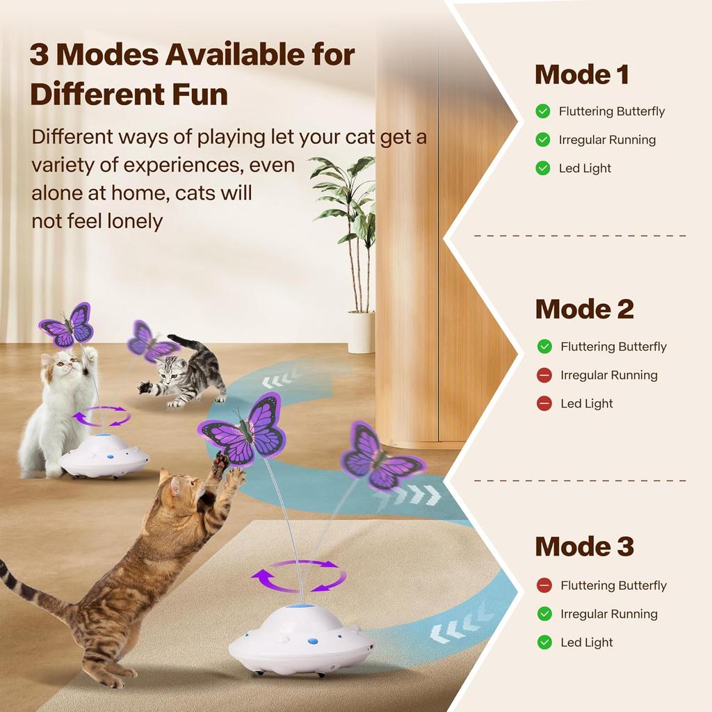 Cat Toys for Indoor Cats 3in1 Interactive Toy with Fluttering Butterfly Led Light Automatic Cat Toy for Bored Indoor Kitten Adult Cats USB