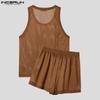 INCERUN 2PCS Summer Men Hollow Sleeveless Tank Tops and Shorts Beach Outfits Sets