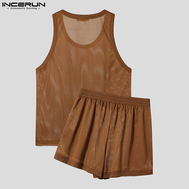 INCERUN 2PCS Summer Men Hollow Sleeveless Tank Tops and Shorts Beach Outfits Sets