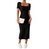 Women Summer Dress Square Neck Split Hem Knitted Elastic Skinny Solid Color Mid-calf Length Short Sleeves Lady Party Commute Midi Dress