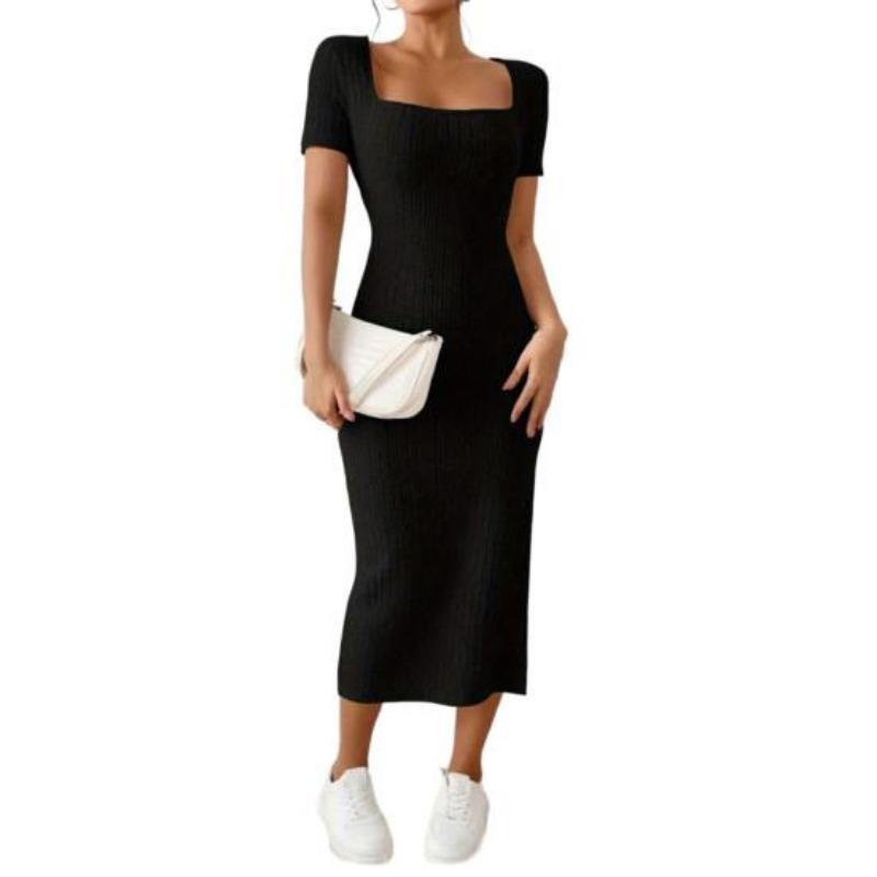 Women Summer Dress Square Neck Split Hem Knitted Elastic Skinny Solid Color Mid-calf Length Short Sleeves Lady Party Commute Midi Dress