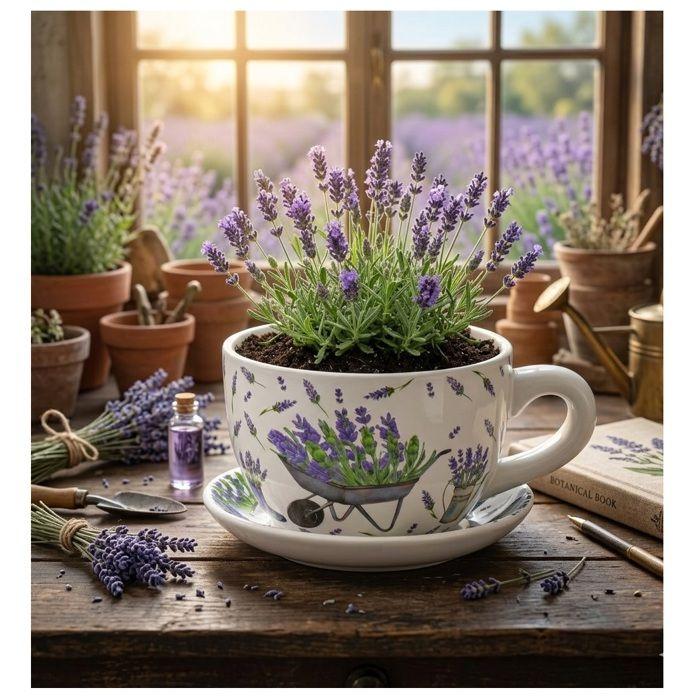 Vase / pot de fleurs (tasse) - EDEN - Tasse décor lavande - Vert - Céramique - 23x25 cm