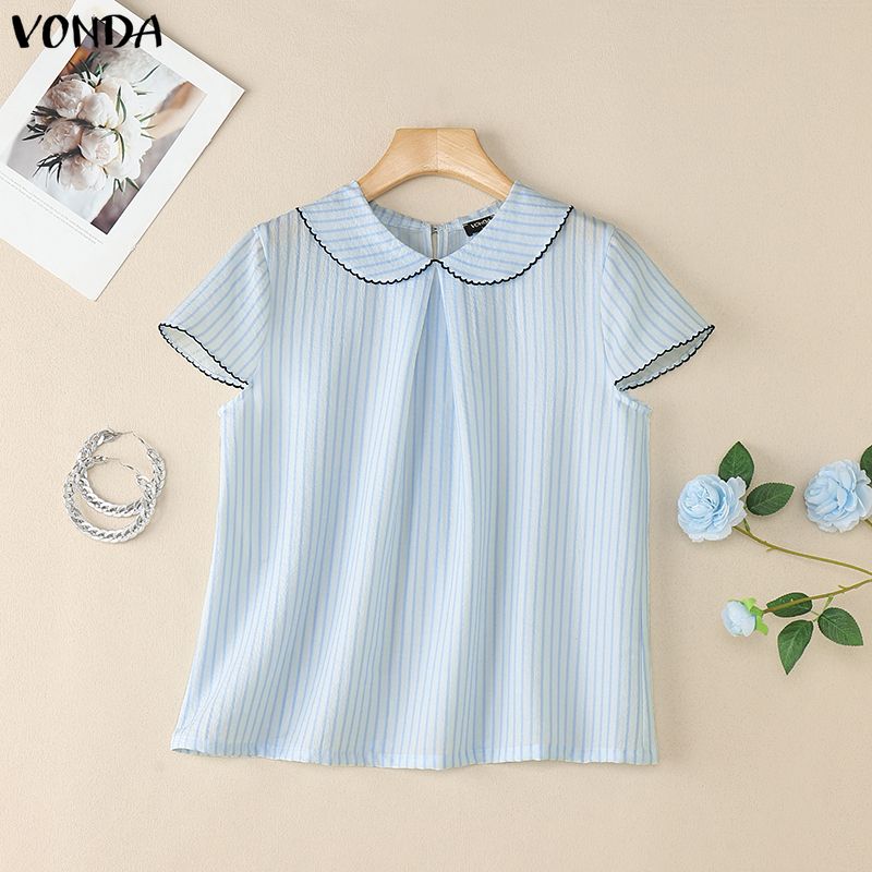 VONDA Summer Women Striped Print Casual Short Sleeve Blouse T-shirts