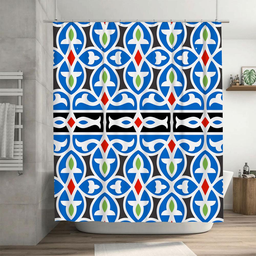 Blue Floral Print Shower Curtain Blue Green White Red Black Modern Decor Bathroom Decoration Size 72x84 Inch (1 Set)