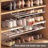 Retractable Shoe Rack Cabinet with Layered Partitions and Under-Hanging Basket for Organized Shoe Storage and Space Saving.