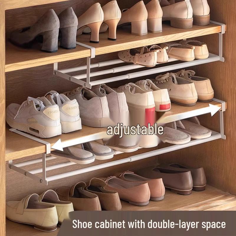 Retractable Shoe Rack Cabinet with Layered Partitions and Under-Hanging Basket for Organized Shoe Storage and Space Saving.
