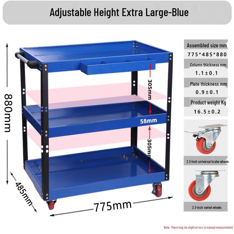 Adjustable 3-Tier Hand-Push Tool Cart for Auto Repair - Multi-Functional Mobile Workshop Storage.