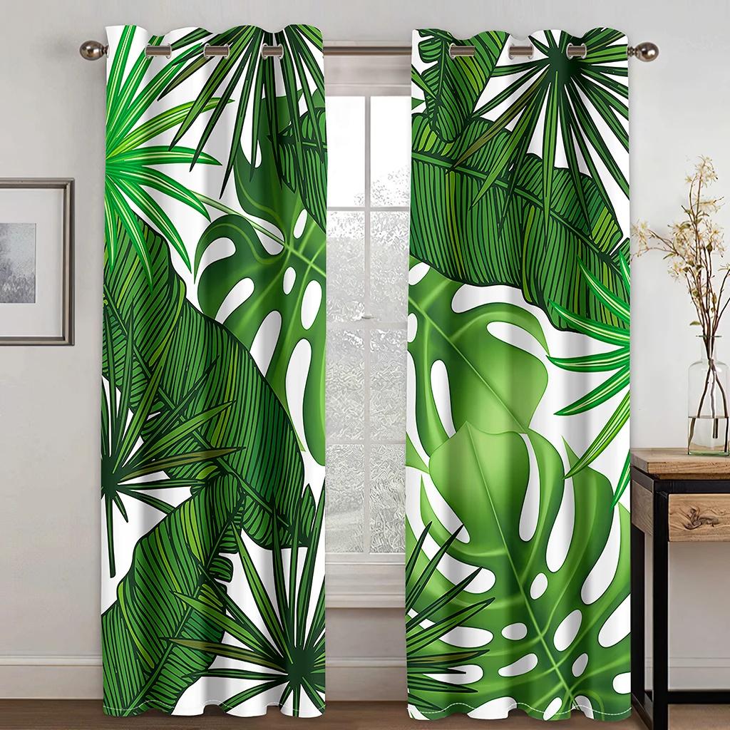 Custom European Elegant Green Leaves Curtains Luxury Curtains Tropical Leaves Pattern Window Curtains for Bedroom Living Room
