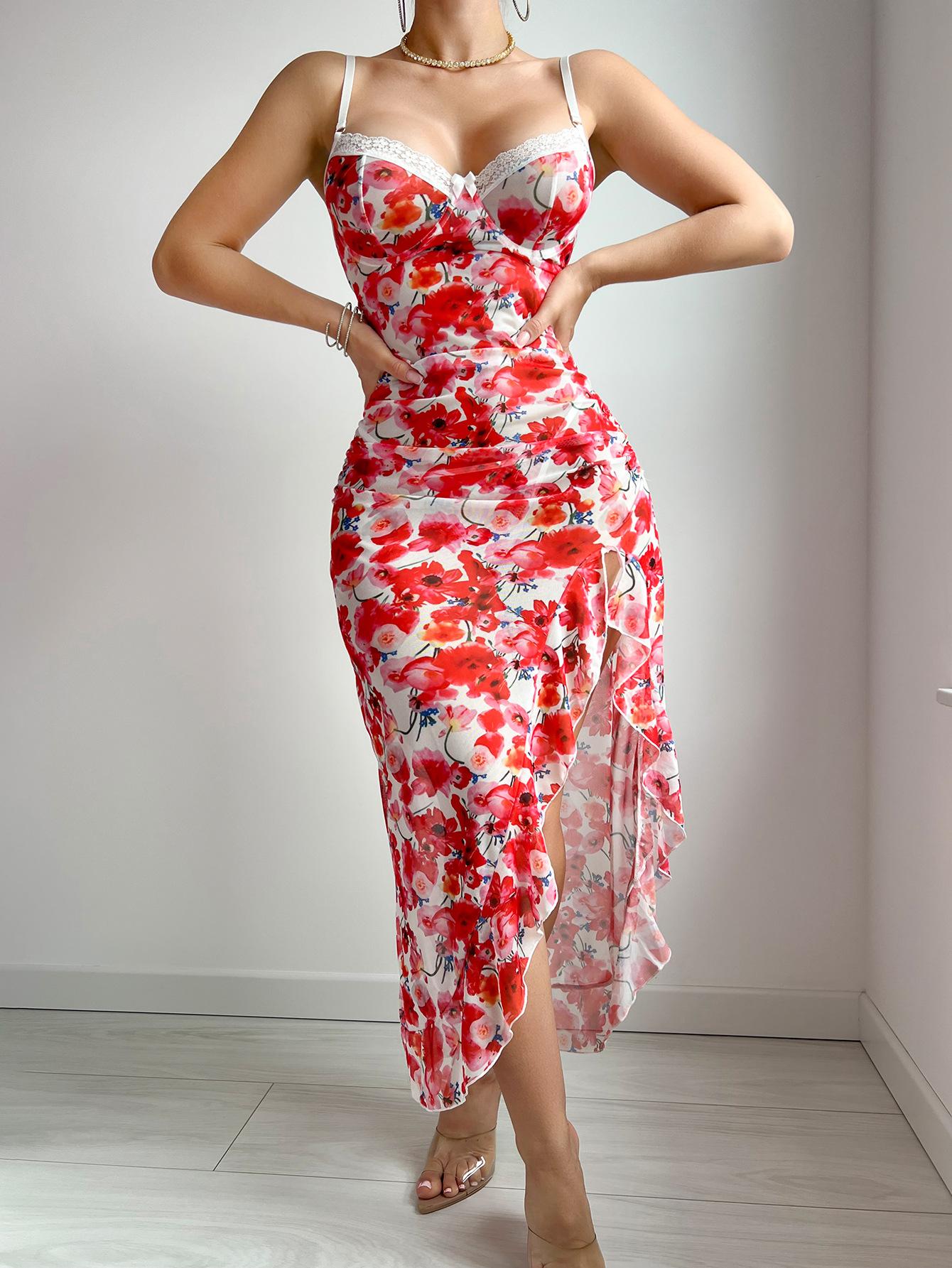 

Exy lingerie sets new suspender floral dress pajamas pajamas sexy underwear set XL червоний