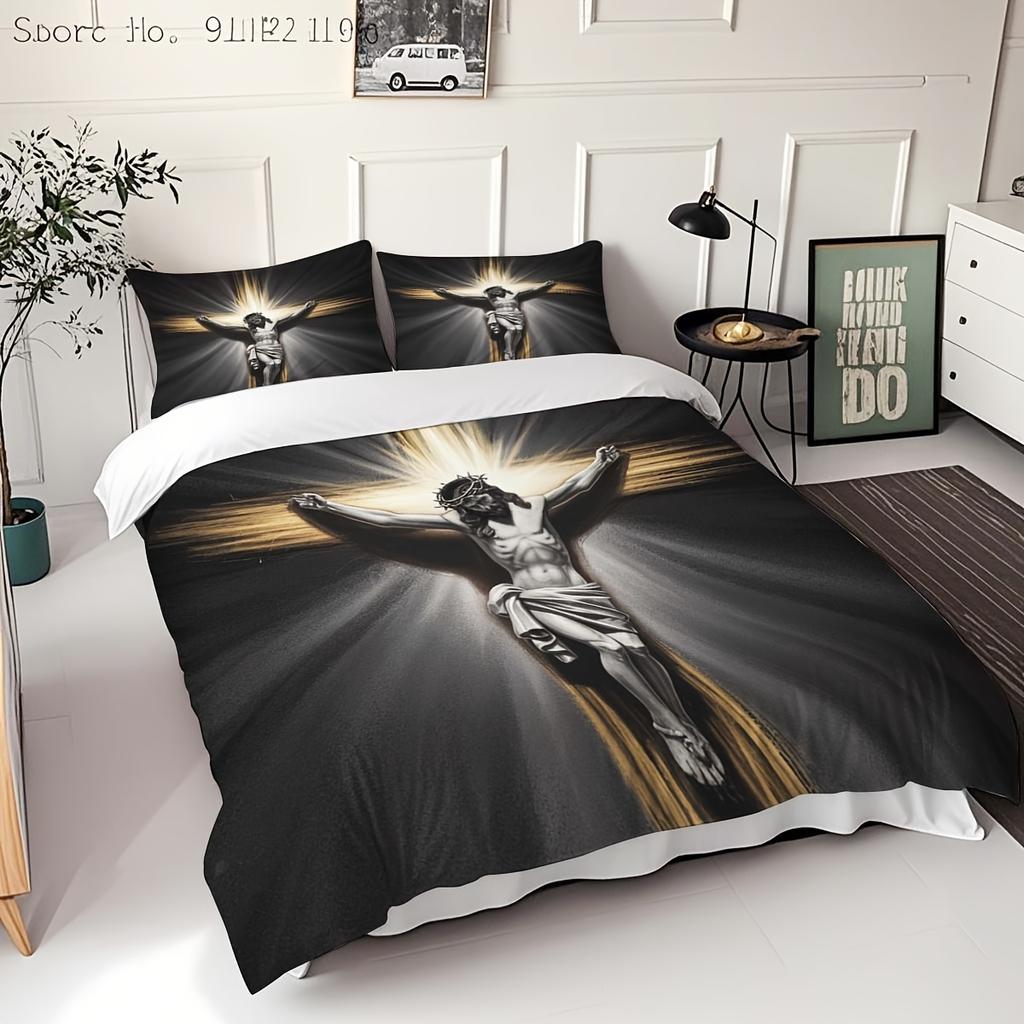 3pcs Jesus Cross Printed Bedding Set Breathable And Soft for All Seasons Durable And Tear-Resistant Polyester High-Quality
