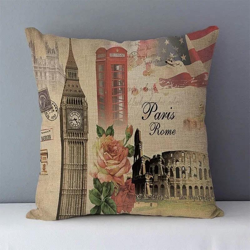 Retro cozy couch cushion cover home decorative pillows London  scenic printed square  pillowcase seat back cushions